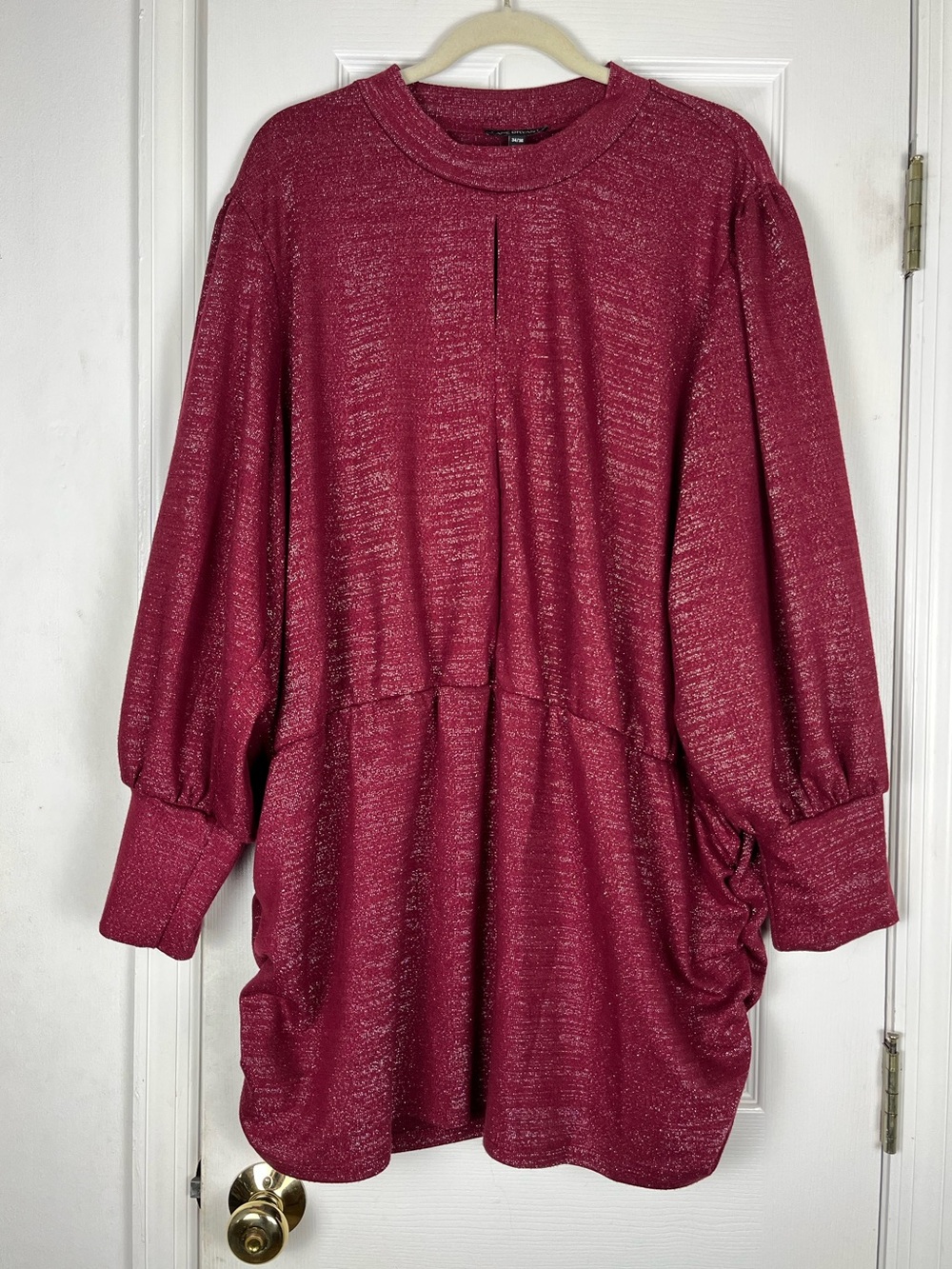 Lane Bryant Maroon Metallic Shimmer Mock Neck Ruched Knit Sweater Top Sz 34/36